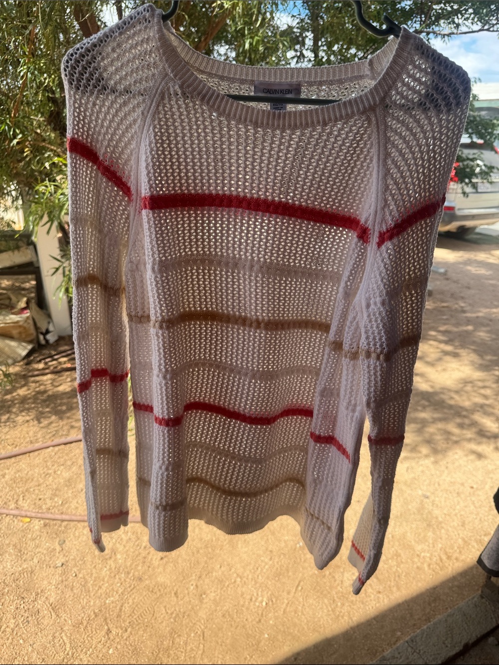 Calvin Klein Open-Knit White Sweater with Red and Tan Stripes